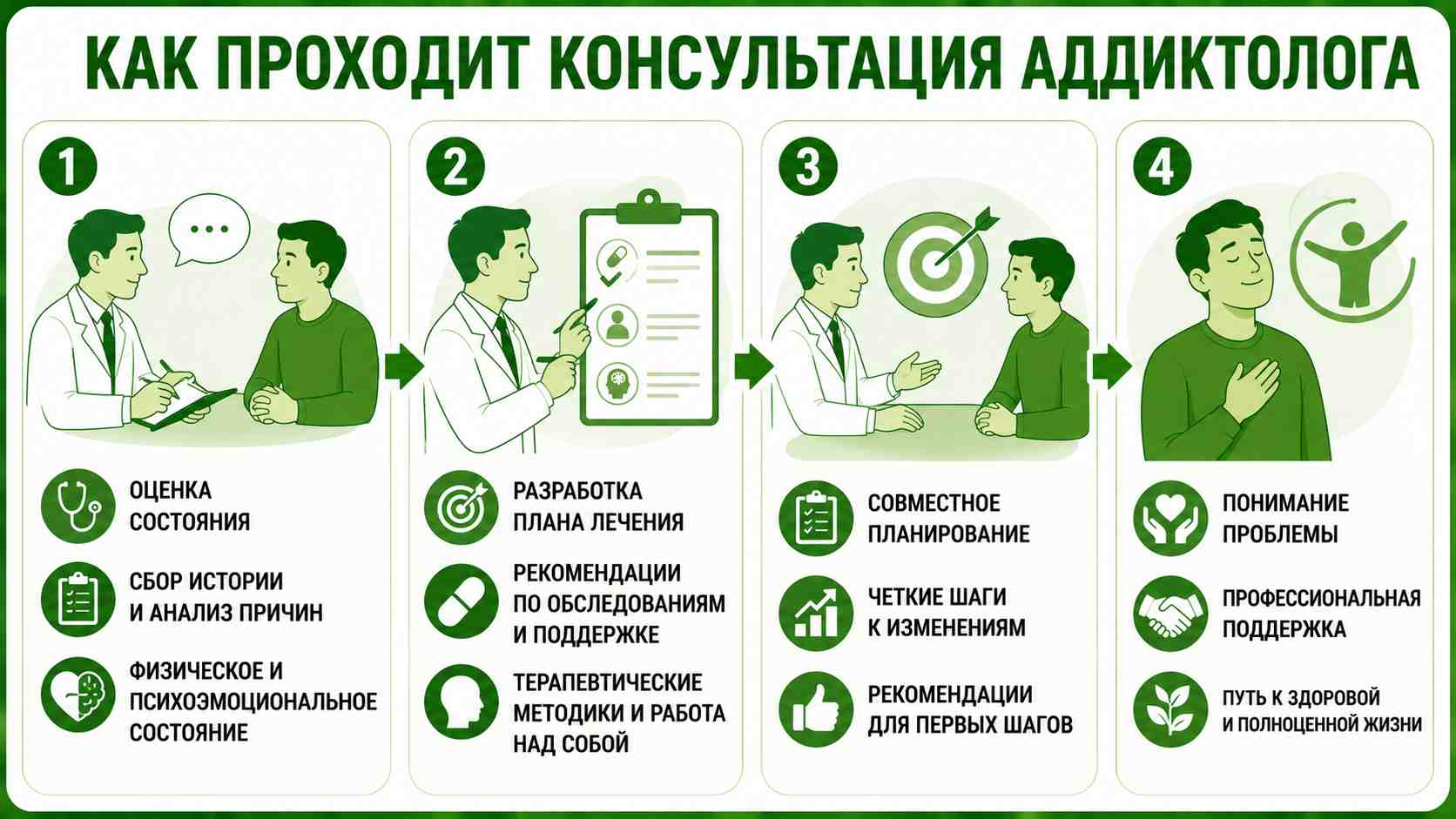 Схема консультации аддиктолога: обследование состояния, анализ причин зависимости, разработка плана лечения и формирование шагов к восстановлению.